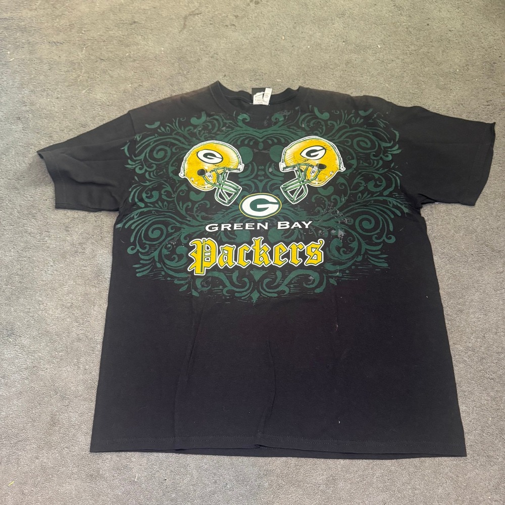 NFL Team Apparel Green Bay Packers T-Shirt Mens XL Black Filigree Graphic Tee
